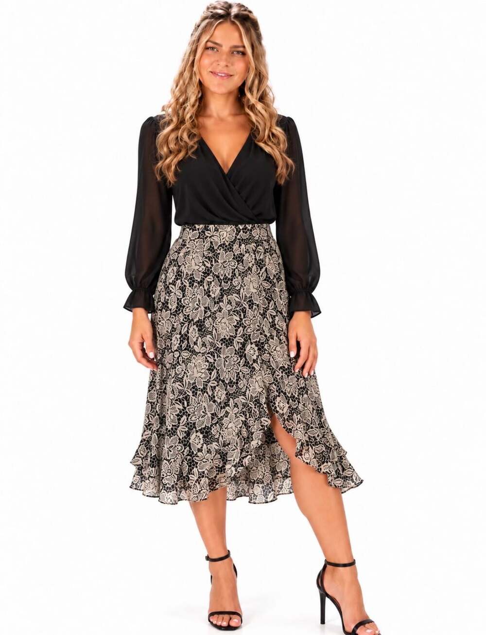 Donna Ricco Midi Skirt Size 10 Black White Floral Ruffle Asymmetric